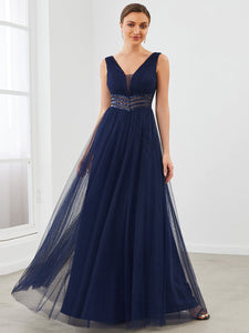 Color=Navy Blue | Deep V Neck Sleeveless A Line Floor Length Wholesale Evening Dresses-Navy Blue 4