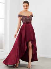 Load image into Gallery viewer, Color=Burgundy | A Line Off Shoulder Wholesale Evening Dresses with Asymmetrical Hem-Burgundy 4