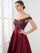Load image into Gallery viewer, Color=Burgundy | A Line Off Shoulder Wholesale Evening Dresses with Asymmetrical Hem-Burgundy 5