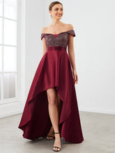 Load image into Gallery viewer, Color=Burgundy | A Line Off Shoulder Wholesale Evening Dresses with Asymmetrical Hem-Burgundy 1