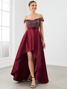 Color=Burgundy | A Line Off Shoulder Wholesale Evening Dresses with Asymmetrical Hem-Burgundy 1