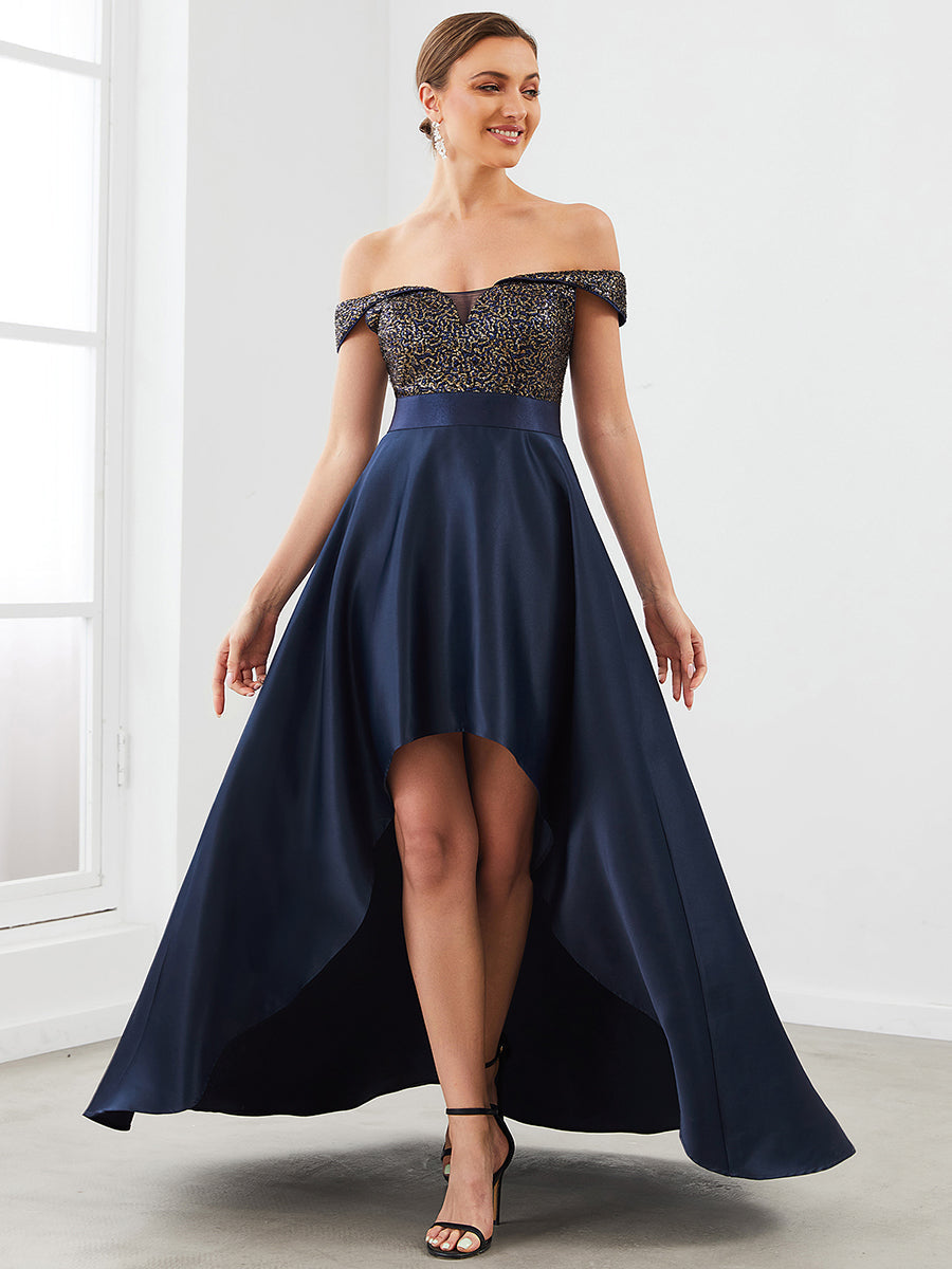 Color=Navy Blue | A Line Off Shoulder Wholesale Evening Dresses with Asymmetrical Hem-Navy Blue 1