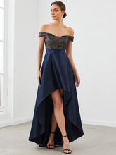 Load image into Gallery viewer, Color=Navy Blue | A Line Off Shoulder Wholesale Evening Dresses with Asymmetrical Hem-Navy Blue 2