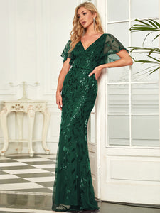 Color=Dark Green | Gorgeous V Neck Leaf-Sequined Fishtail Wholesale Evening Dress EE00693-Dark Green 3
