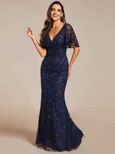 Color=Navy Blue | Gorgeous V Neck Leaf-Sequined Fishtail Wholesale Evening Dress EE00693-Navy Blue 