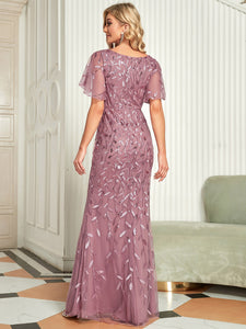 Color=Orchid | Gorgeous V Neck Leaf-Sequined Fishtail Wholesale Evening Dress EE00693-Orchid 26