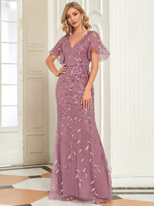 Color=Orchid | Gorgeous V Neck Leaf-Sequined Fishtail Wholesale Evening Dress EE00693-Orchid 28