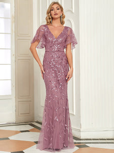 Color=Orchid | Gorgeous V Neck Leaf-Sequined Fishtail Wholesale Evening Dress EE00693-Orchid 25
