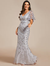Load image into Gallery viewer, Color=Silver | Gorgeous V Neck Leaf-Sequined Fishtail Wholesale Evening Dress EE00693-Silver 