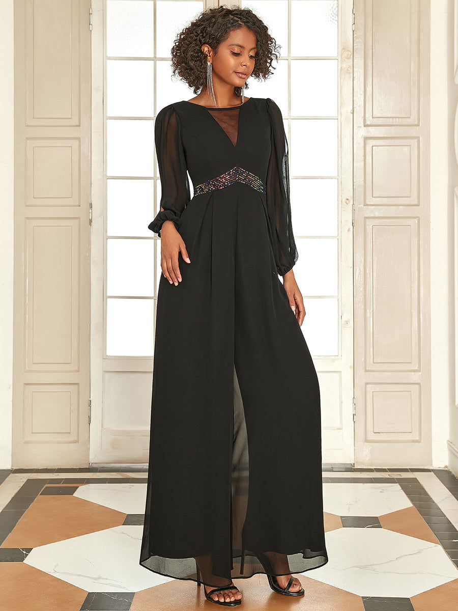 Color=Black | Gorgeous Round Neck Evening Wholesale Jumpsuits with Long Sleeves-Black 1