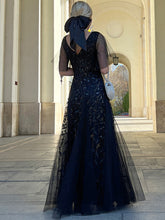 Load image into Gallery viewer, Color=Black | Romantic Shimmery V Neck Ruffle Sleeves Maxi Long Evening Gowns-Black 