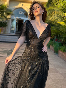 Color=Black | Romantic Shimmery V Neck Ruffle Sleeves Maxi Long Evening Gowns-Black 