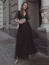Load image into Gallery viewer, Color=Black | Romantic Shimmery V Neck Ruffle Sleeves Maxi Long Evening Gowns-Black 