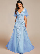 Load image into Gallery viewer, Color=Sky Blue | Romantic Shimmery V Neck Ruffle Sleeves Maxi Long Evening Gowns-Sky Blue 