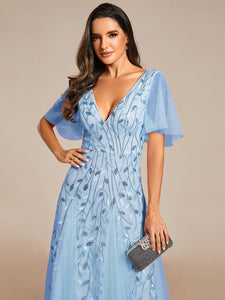 Color=Sky Blue | Romantic Shimmery V Neck Ruffle Sleeves Maxi Long Evening Gowns-Sky Blue 