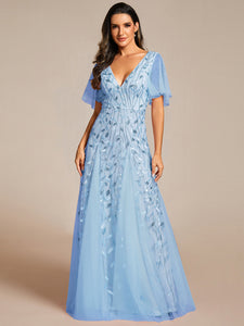 Color=Sky Blue | Romantic Shimmery V Neck Ruffle Sleeves Maxi Long Evening Gowns-Sky Blue 