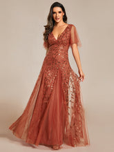 Load image into Gallery viewer, Color=Burnt Orange | Romantic Shimmery V Neck Ruffle Sleeves Maxi Long Evening Gowns-Burnt Orange 