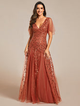 Load image into Gallery viewer, Color=Burnt Orange | Romantic Shimmery V Neck Ruffle Sleeves Maxi Long Evening Gowns-Burnt Orange 