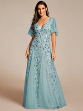 Load image into Gallery viewer, Color=Dusty blue | Romantic Shimmery V Neck Ruffle Sleeves Maxi Long Evening Gowns-Dusty blue 