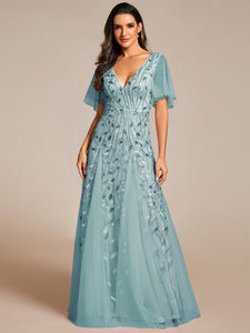 Color=Dusty blue | Romantic Shimmery V Neck Ruffle Sleeves Maxi Long Evening Gowns-Dusty blue 