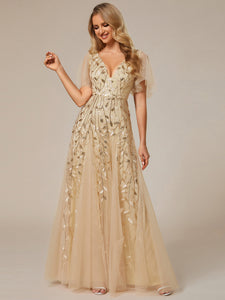 Color=Gold | Romantic Shimmery V Neck Ruffle Sleeves Maxi Long Evening Gowns-Gold 