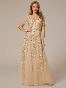 Color=Gold | Romantic Shimmery V Neck Ruffle Sleeves Maxi Long Evening Gowns-Gold 