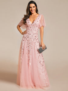 Color=Pink | Romantic Shimmery V Neck Ruffle Sleeves Maxi Long Evening Gowns-Pink 