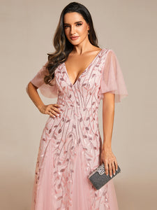 Color=Pink | Romantic Shimmery V Neck Ruffle Sleeves Maxi Long Evening Gowns-Pink 