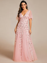 Load image into Gallery viewer, Color=Pink | Romantic Shimmery V Neck Ruffle Sleeves Maxi Long Evening Gowns-Pink 
