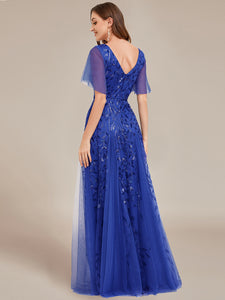 Color=Sapphire Blue | Romantic Shimmery V Neck Ruffle Sleeves Maxi Long Evening Gowns-Sapphire Blue 