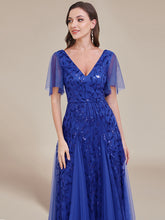 Load image into Gallery viewer, Color=Sapphire Blue | Romantic Shimmery V Neck Ruffle Sleeves Maxi Long Evening Gowns-Sapphire Blue 