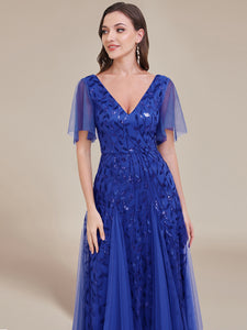 Color=Sapphire Blue | Romantic Shimmery V Neck Ruffle Sleeves Maxi Long Evening Gowns-Sapphire Blue 