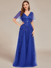 Load image into Gallery viewer, Color=Sapphire Blue | Romantic Shimmery V Neck Ruffle Sleeves Maxi Long Evening Gowns-Sapphire Blue 