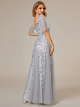 Load image into Gallery viewer, Color=Silver | Romantic Shimmery V Neck Ruffle Sleeves Maxi Long Evening Gowns-Silver 