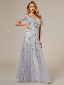 Color=Silver | Romantic Shimmery V Neck Ruffle Sleeves Maxi Long Evening Gowns-Silver 