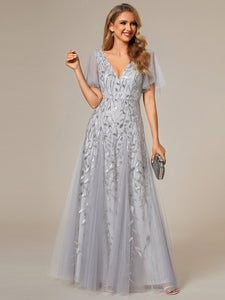 Color=Silver | Romantic Shimmery V Neck Ruffle Sleeves Maxi Long Evening Gowns-Silver 