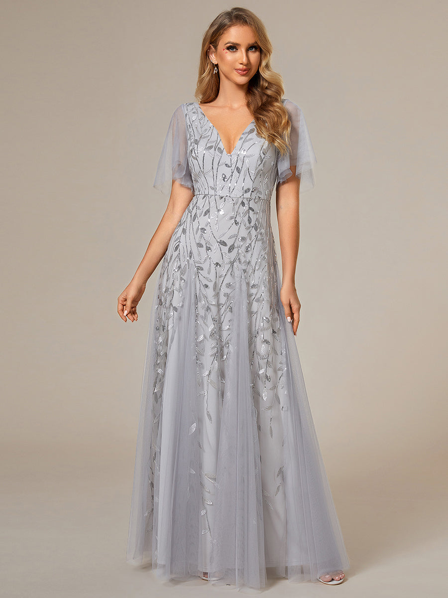 Color=Silver | Romantic Shimmery V Neck Ruffle Sleeves Maxi Long Evening Gowns-Silver 