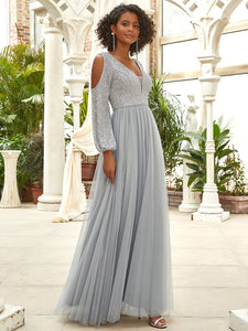 Color=Grey | Sexy V-Neck Sequin&Tulle Evening Dresses With Long Sleeves-Grey 3