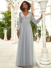 Load image into Gallery viewer, Color=Grey | Sexy V-Neck Sequin&amp;Tulle Evening Dresses With Long Sleeves-Grey 4