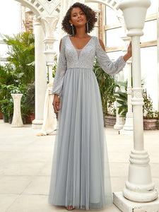 Color=Grey | Sexy V-Neck Sequin&Tulle Evening Dresses With Long Sleeves-Grey 4