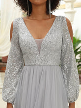 Load image into Gallery viewer, Color=Grey | Sexy V-Neck Sequin&amp;Tulle Evening Dresses With Long Sleeves-Grey 5