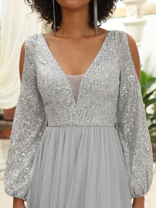 Color=Grey | Sexy V-Neck Sequin&Tulle Evening Dresses With Long Sleeves-Grey 5