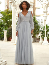 Load image into Gallery viewer, Color=Grey | Sexy V-Neck Sequin&amp;Tulle Evening Dresses With Long Sleeves-Grey 1