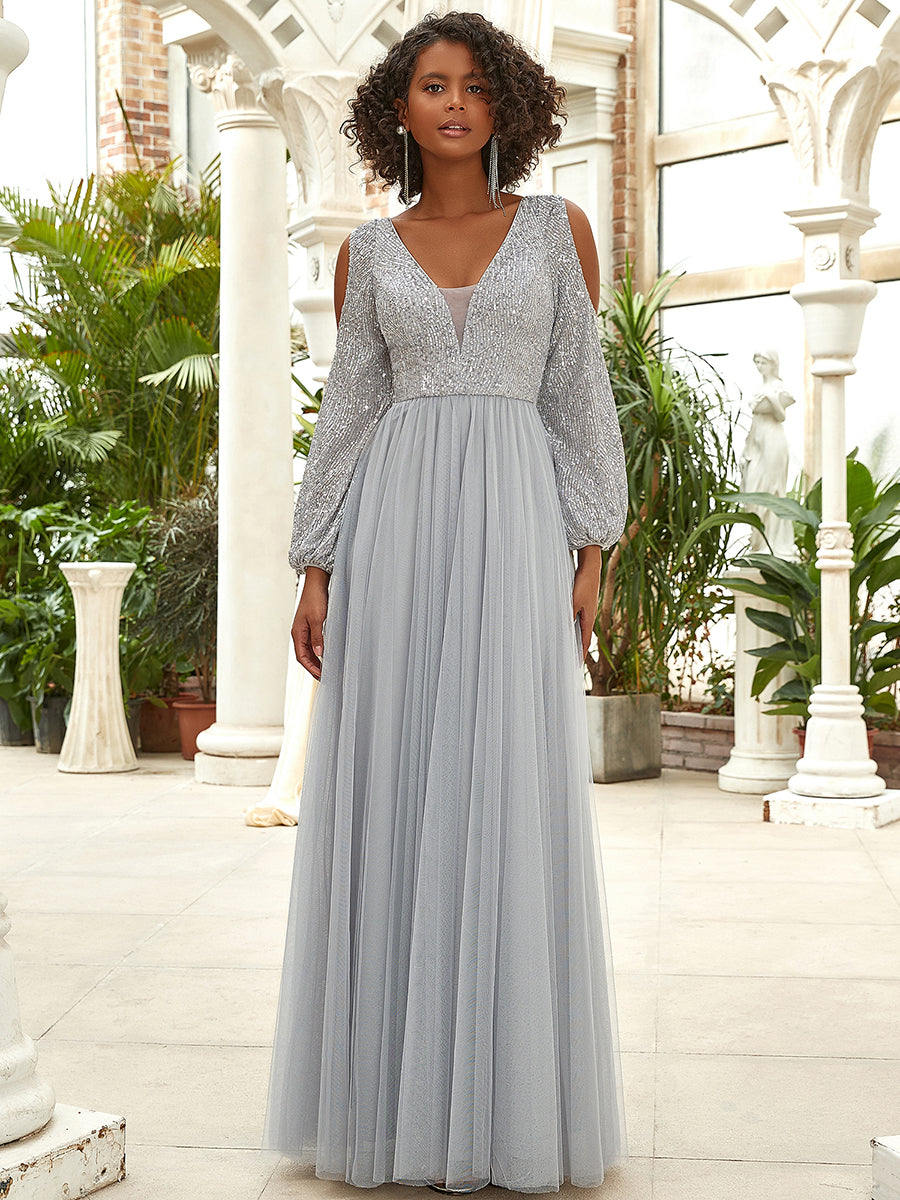 Color=Grey | Sexy V-Neck Sequin&Tulle Evening Dresses With Long Sleeves-Grey 1