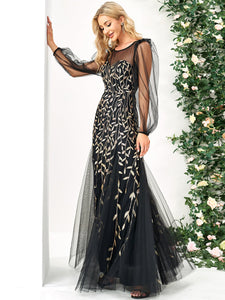 Color=Black Gold | Round Neck Long Puff Sleeves A Line Wholesale Evening Dresses-Black Gold 3