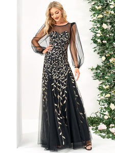 Color=Black Gold | Round Neck Long Puff Sleeves A Line Wholesale Evening Dresses-Black Gold 4