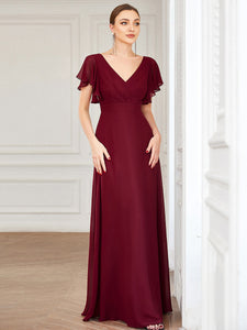 Color=Burgundy | Wholesale Bridesmaid Dresses with Ruffles Sleeves, A-Line, Deep V-Neck-Burgundy 1