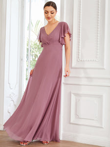 Color=Orchid | Wholesale Bridesmaid Dresses with Ruffles Sleeves, A-Line, Deep V-Neck-Orchid 4