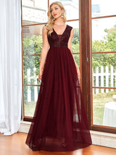 Load image into Gallery viewer, Color=Burgundy | Glamorous Sleeveless A Line Wholesale Evening Dresses with Deep V Neck-Burgundy 1