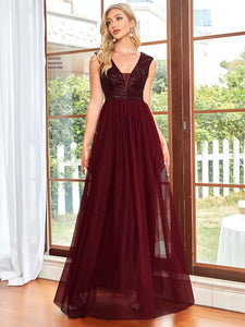 Color=Burgundy | Glamorous Sleeveless A Line Wholesale Evening Dresses with Deep V Neck-Burgundy 1